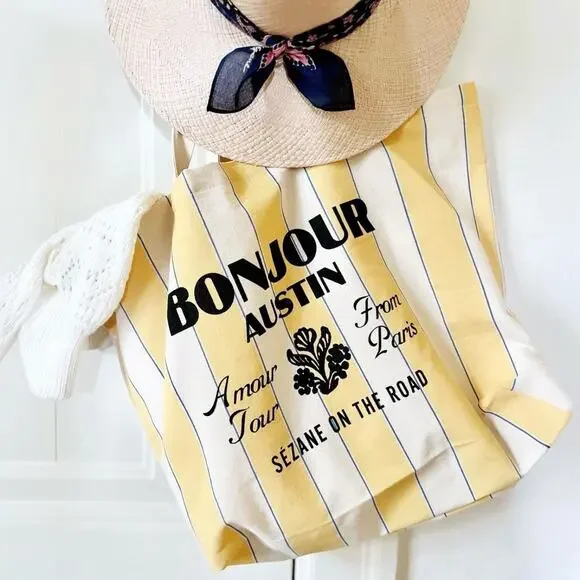 Sezane Bonjour Austin On The Road Striped Canvas Tote Bag in Yellow and Cream - Picture 6 of 7